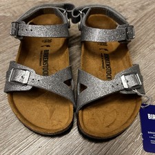 NWT Birkenstock GirlsSparkle Silver Rio Sandals Size 30 strap Buckles US 12