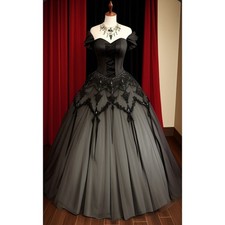 Black Boho Beaded Gothic Wedding Dresses A Line Lace Appliques Bridal Gowns