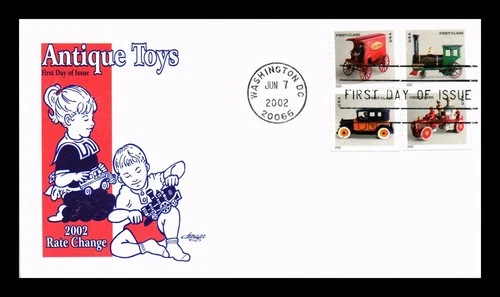 ARTMASTER US COVER ANTIQUE TOYS BLOCK OF 4 FIRST DAY OF ISSUE 2002 RATE CHANGE
