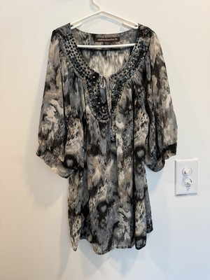 Mushka by Sienna Rose Gray/Black Abstract Sheer Tunic Scoop 3/4 Sleeve S