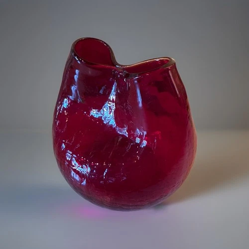 MCM Crackle Glass Vase Pinched Pinch Ruby Red Two Holes 4" Tall Blenko ?  Blown