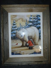 Signed Art Polar Bear And Girl  Lithograph  2010 Barnwood Framed 18x14 NOS Cabin