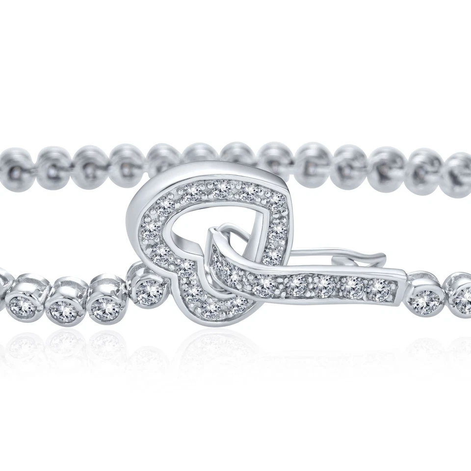 Romantic Bezel Set CZ Cubic Zirconia Tennis Bracelet Heart Clasp Silver 7.5 Inch - Image 2 of 4