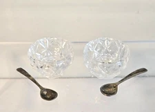 Vintage Bohemia Cut Glass Crystal Czech Salt Cellars Dips with Silver Spoons