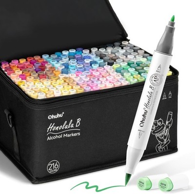 Ohuhu Alcohol Markers 216-color Double Tipped Brush & Fine- Refillable Markers