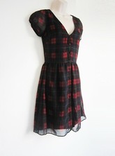 NWOT ZARA Short Puffy Sleeves Double V Neck Plaid Chiffon Dress Size XS