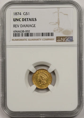 1874 Indian Princess Large Head Gold Dollar $1 UNC Details NGC