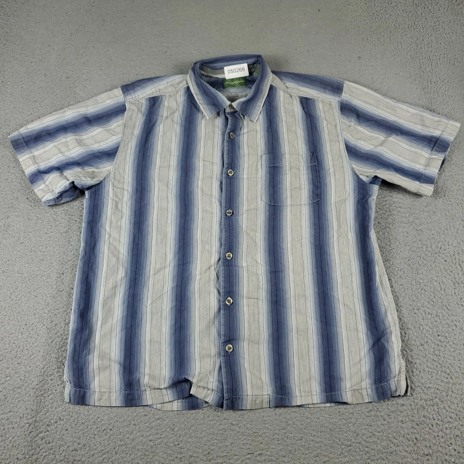 Tommy Bahama Shirt Mens Large Blue Striped Silk Cotton Hawaiian Button Up