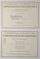 Tonner Doll Company Inc Certificate Of Authenticity Tyler Wentworth Ava Basic