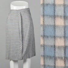 XS 1950s Skirt Blue Plaid Rockabilly Woven Soft Flannel Winter Check 50s VTG
