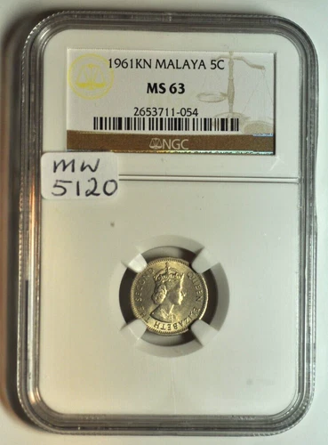 mw5120 Malaya; 5 Cents 1961 KN  King Norton Mint   Elizabeth II   NGC MS63  KM#1