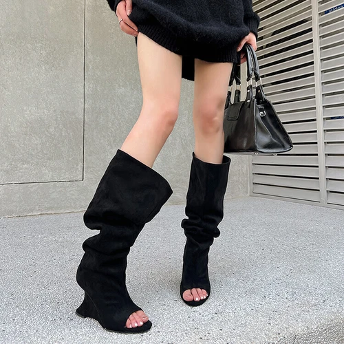 Women's Faux Suede Peep Toe Wedge Stretched Chic Slouchy Boots Sandal Shoes - Imagen 9 de 17