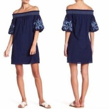 Beachlunchlounge Coastal Off The Shoulder Embroidered Dress Size XL Blue Boho