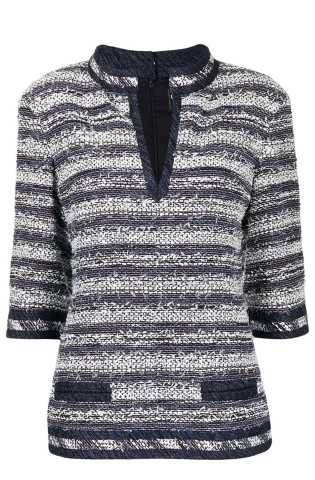 Auténtica Blusa Top CHANEL Azul Marino Blanco Rayas Tweed Ojo de Cerradura Bolsillo Foto 4 de 4
