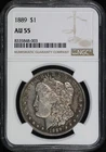 1889 Morgan Dollar NGC AU-55 - Blue & Sunset Obv. Rim Toning, Rev. Looks PL!