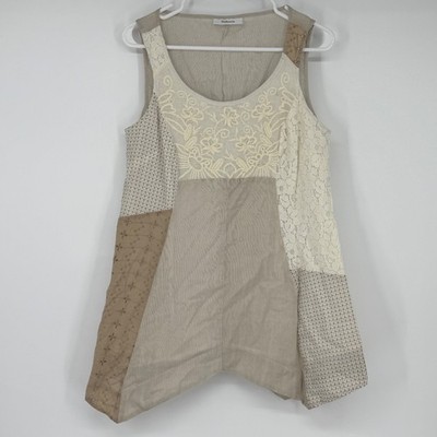 Style&co Womens Boho Patchwork Tunic Top Medium Beige Lace Sleeveless Lagenlook