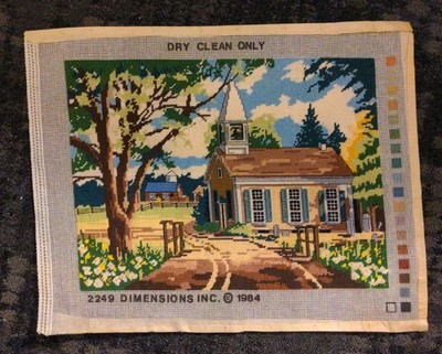VTG Charming Americana Scene - Rural Meeting House Needlepoint - Wool Threads