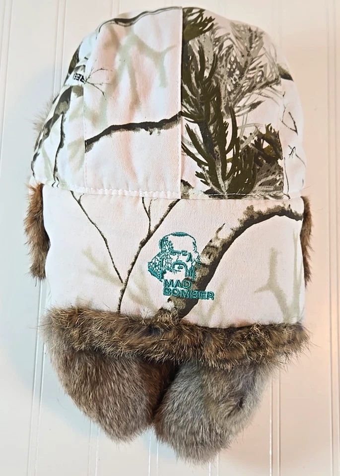 Realtree Mad Bomber Hat Trapper Cap White Camo Rabbit Fur Lined Ear Flap Large - Image 4 of 4