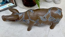 Papermache Handmade Folk Art Painted Pig/Sow  Sculpture Brown Flowered Body