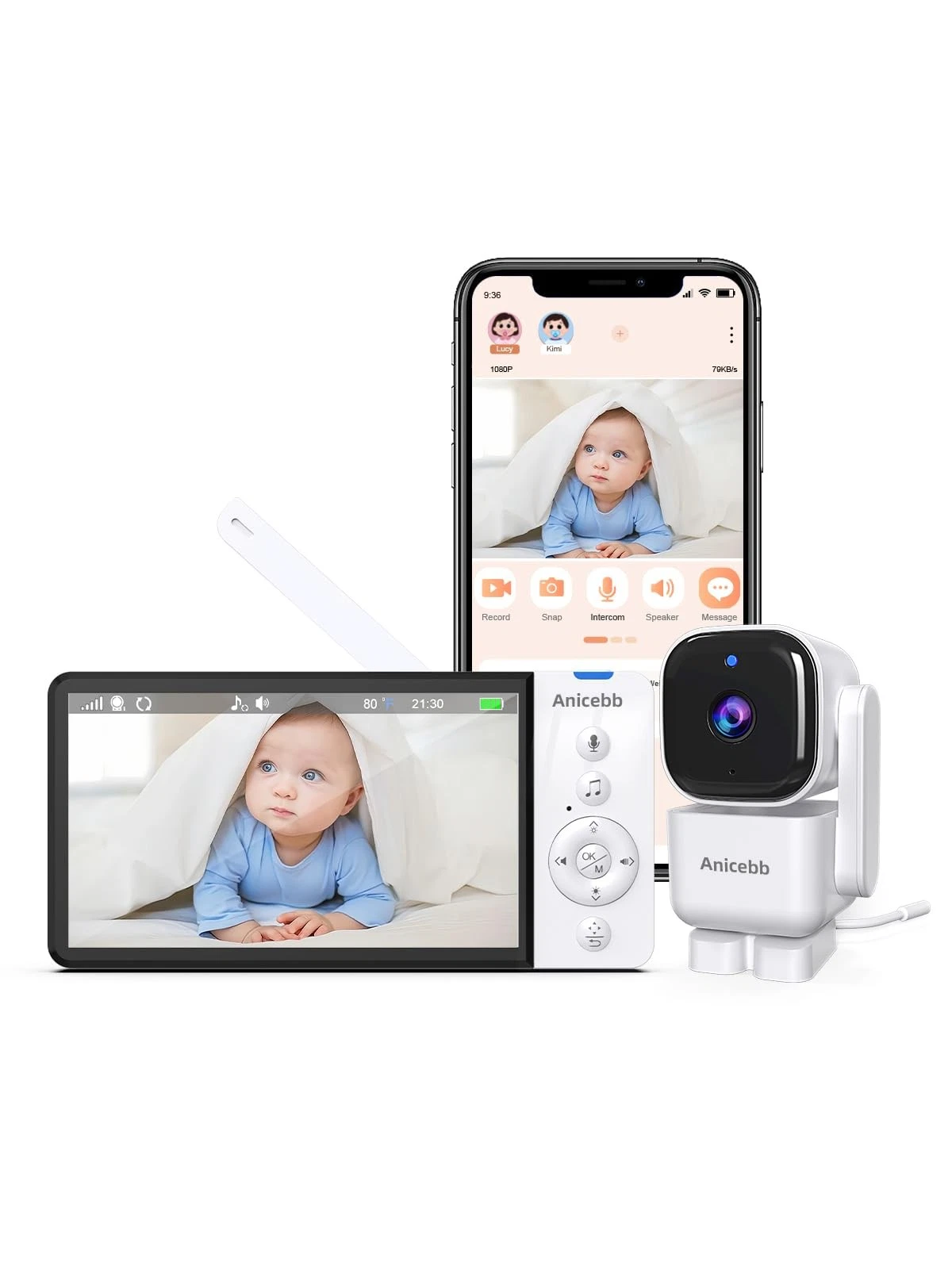 Anicebb ABM720S 5" Smart Baby Monitor WiFi PTZ Camera Night Vision