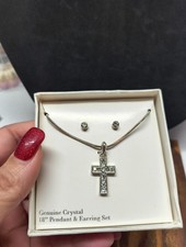 Silver tone Genuine Crystal Cross Necklace And Stud Earring Set 18 Inches 18