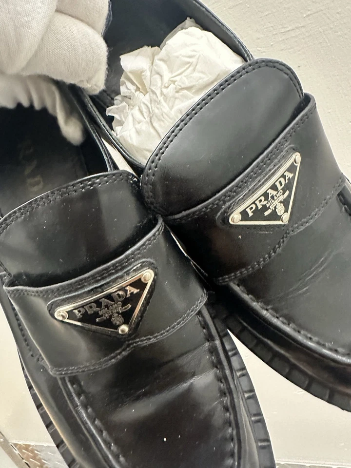 Prada Leather Triangle Logo Loafers EU 7 US 7 WOMEN Black - Image 2 of 4