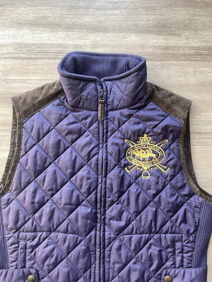 Chaleco Ralph Lauren SPORT Para Mujer Púrpura Acolchado Cuero de becerro Borde Talla Mediana Foto 2 de 4
