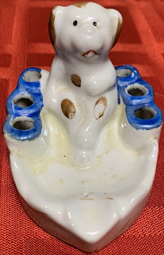 Vintage Japan Ceramic Handpainted Tobacciana Dog Ashtray Six Cigarette Holder