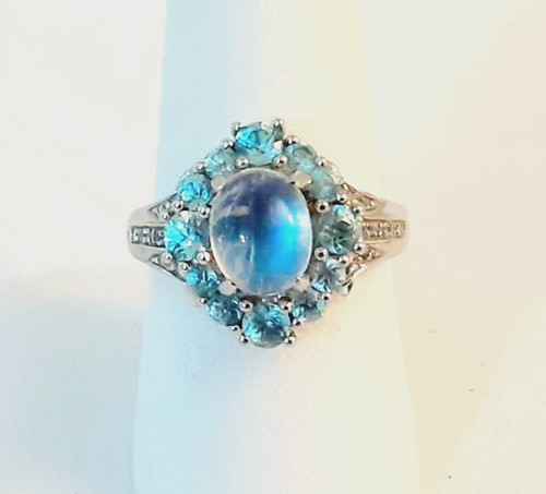 JTV Blue Moonstone & Blue Apatite Ring S.Silver Rhodium Overlay Size 8 2.23 cts
