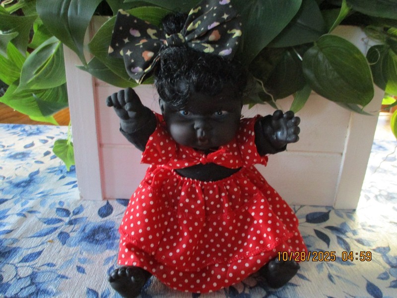 African American Baby Doll Seated Red & White Polka Dot Dress Black Bodysuit GUC
