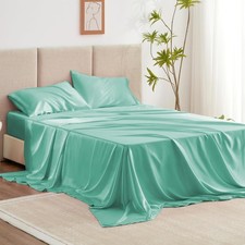 Satin Queen Sheets Set - 4 Piece Aqua Silky Bed Sheets with Deep Pocket