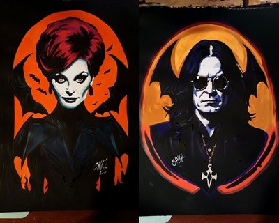 set of two portraits of Ozzy and Sharon Osbourne, acrylic , paper, handmade