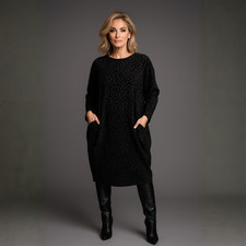 WOMENS DRESS LADIES JUMPER BLACK FLEECE PLUS SIZE WITH POCKETS AND FLOCK PATTERN