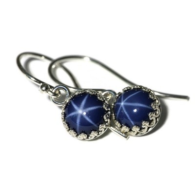 Star Sapphire Crown Bezel Drop Earrings 925 Sterling Silver (Lab Created)