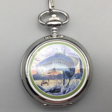 Al Agnew Pocket Watch 45mm Fishing Bass Chain Men Silver Tone New Battery 12"