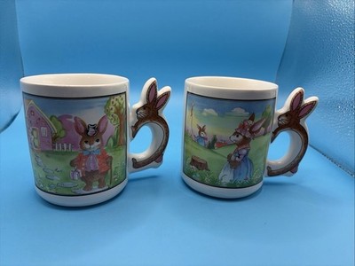 Vintage Easter Bunny Coffee Mugs Set of 2 Figural Rabbit Handle Spring
