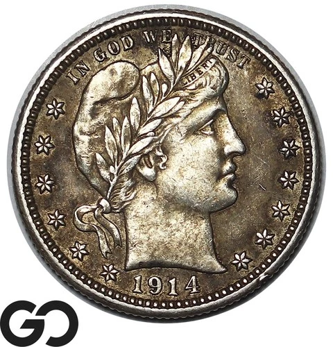 1914 Barber Quarter, Nice Original Choice AU+