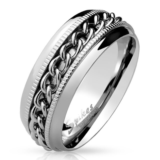 Stainless Steel Men's Anxiety Spinner Cuban Chain Grooved Wedding Band Ring Stainless Steel Men's Anxiety Spinner Cuban Chain Grooved Wedding Band Ring