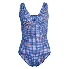 Lands End One Piece Swimsuit Plus Size 24W New Gingham Blue SlenderSuit Grecian