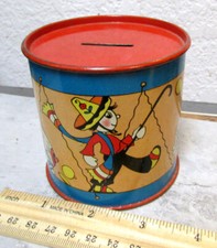 vintage Tin Litho Ohio Art Toy drum bank, Great colorful graphics, missing plug