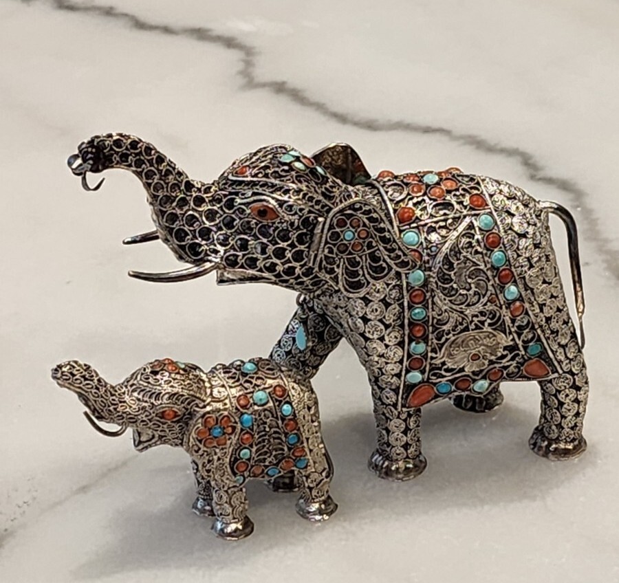 Vintage Silver Filigree Elephant with Baby Coral Turquoise