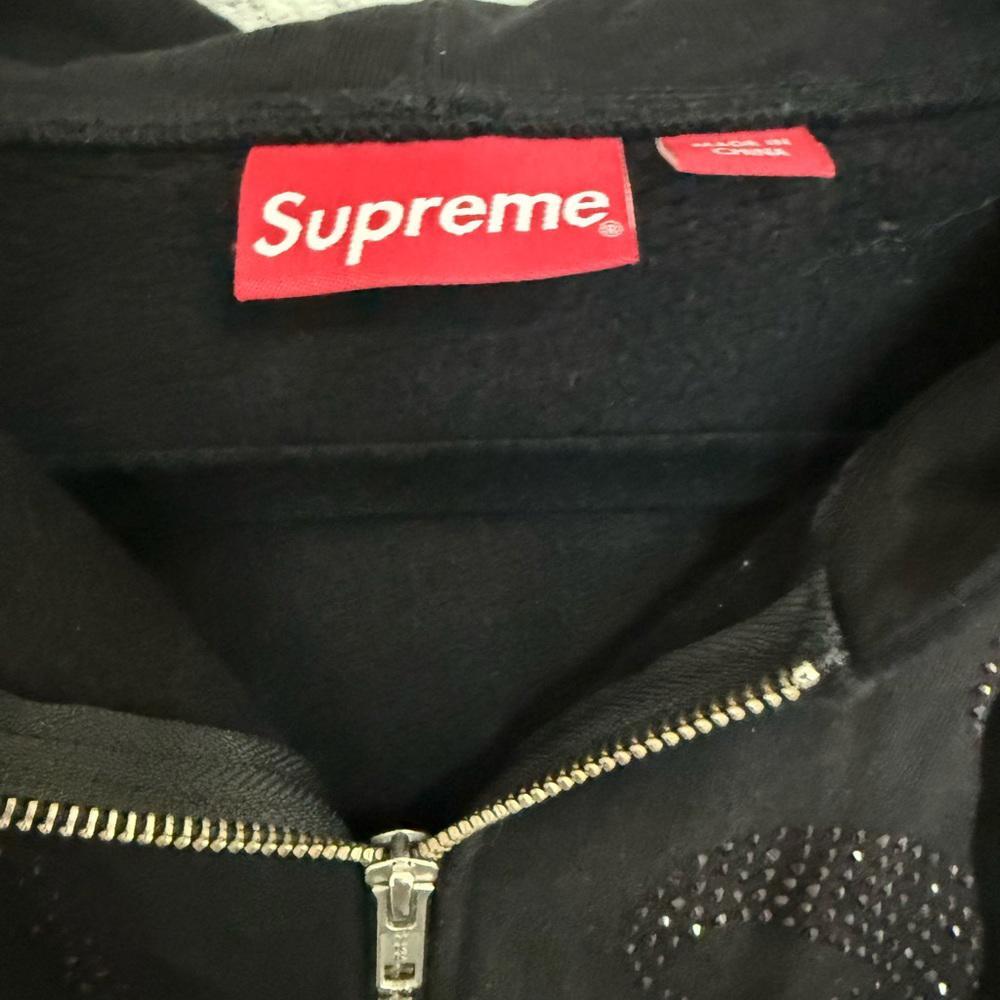 Supreme Black Hoodie Pink Rhinestone Zip Up Hooded Sweatshirt SS22