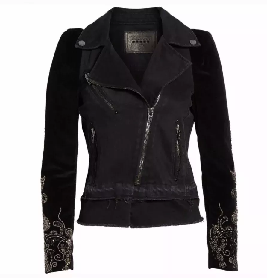 New BlankNYC Size Extra Small Black Denim And Velvet Embellished Jacket 200