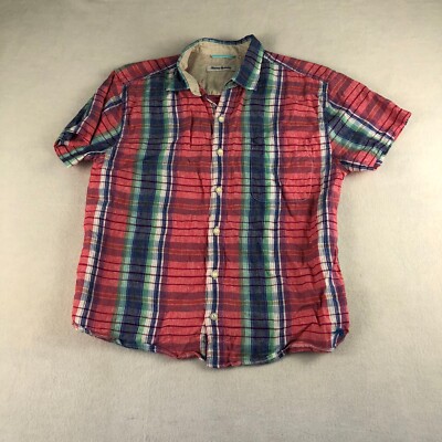 Tommy Bahama Shirt Mens Medium Red Blue Plaid Short Sleeve Button Up Linen Blend