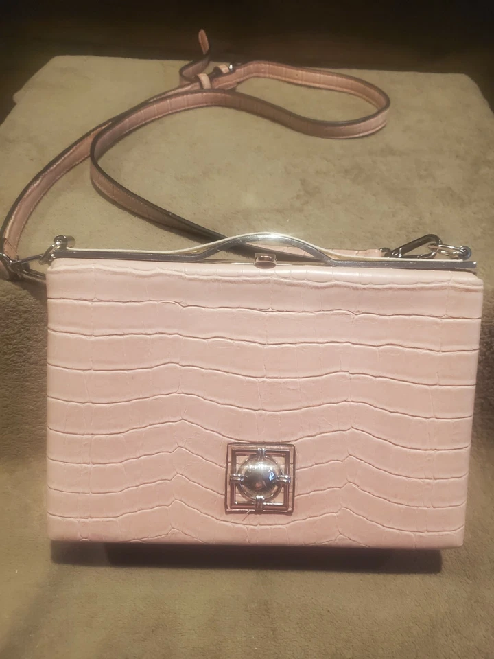 CATHERINE MALANDRINO Small Hard Case Frame Crossbody Bag Purse Pink Faux Croc - Image 4 of 4