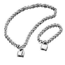 Women Stainless Steel Jewelry Set lock Tag Oval Link Chain Necklace Bracelet 8mm