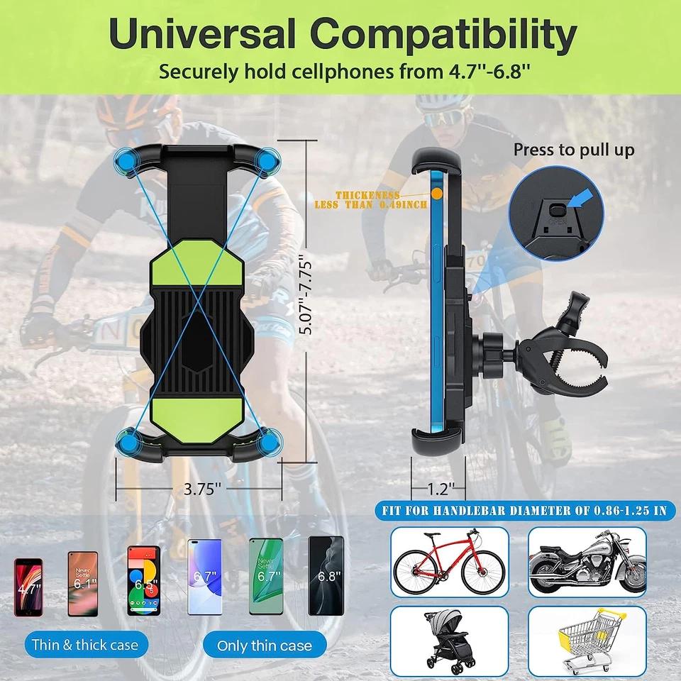 Soporte para teléfono de bicicleta, brazo de abrazadera de manillar de teléfono de motocicleta verde Foto 4 de 4