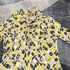Tory Burch 100% Silk Dress Women Small Yellow Geometric 3/4 Sleeve Button Knee