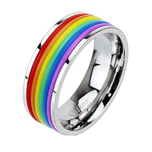 Stainless Steel Men's Ring Rubber Gay Pride Rainbow Wedding Band Size 7-12