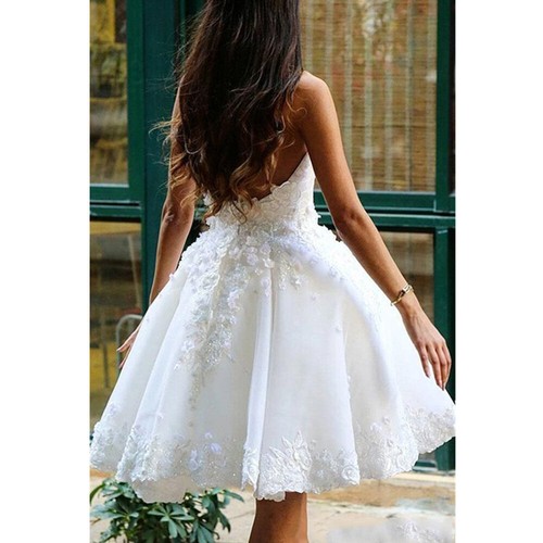 Short White Wedding Dresses Lace Appliques Sweetheart Neck Beading Bridal Dress - Picture 3 of 6